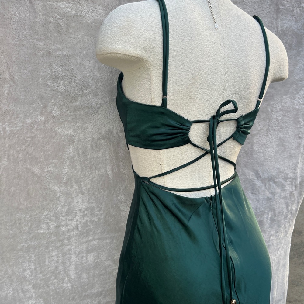 Here Comes The Sun Emerald Green Satin Midi Slip Dress Size S Cutout Cocktail - Picture 12 of 16